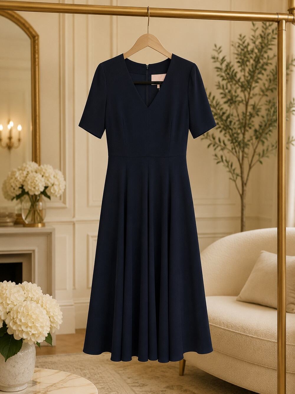 Gal Meets Glam Navy Fit & Flare Midi Dress NWT Pockets V-Neck Size 8 Romantic